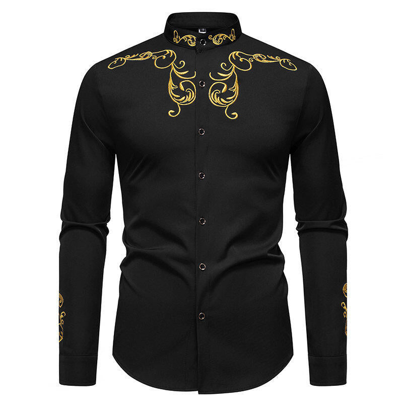 Herren Hemd Langarm Modern mit Stickerei und Slim Fit Kragen