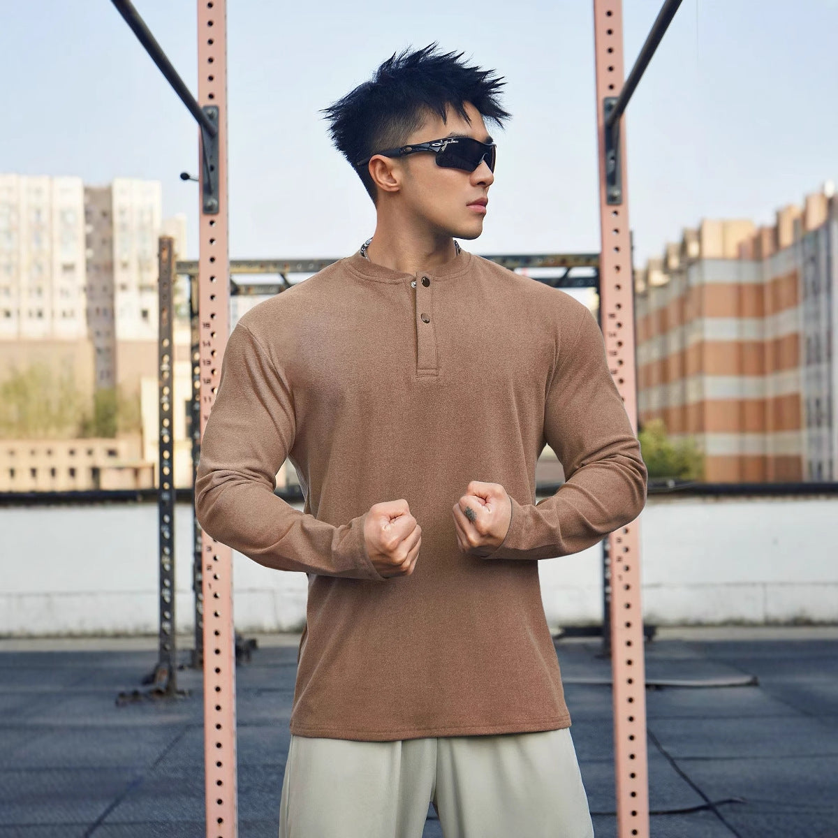 Herren Langarmshirt Atmungsaktiv Knöpfausschnitt Modern