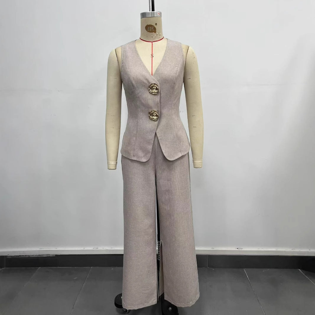 Damen Business Ensemble Blazer Ärmellos mit Weite Hosen