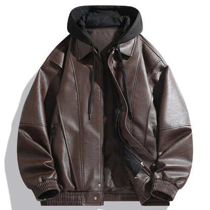 Herren Lederjacke Kunstleder Mit Kapuze Funktions-Taschen