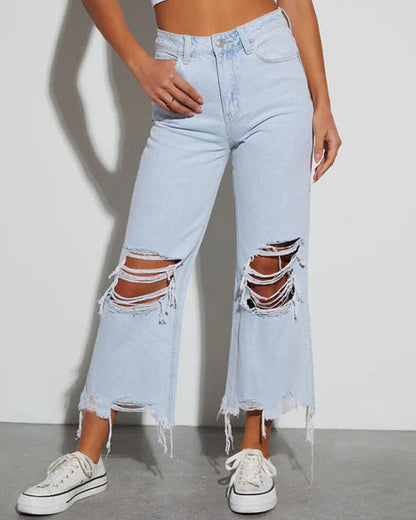 Damen Mom Jeans Ripped mit Rippen-Details Trendy