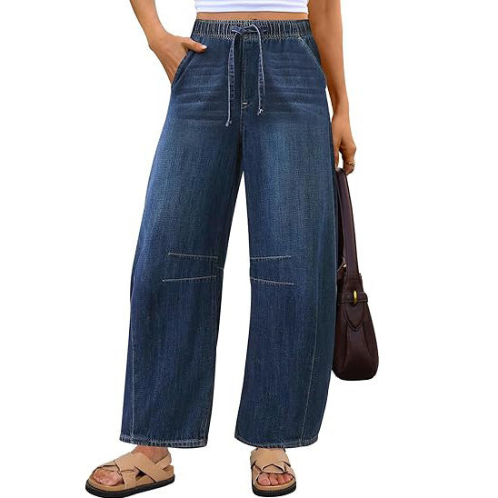 Damen Jeanshose Weite Bein Elastischer Bund