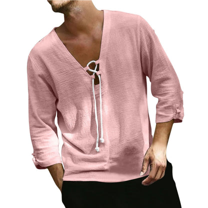 Herren Langarmhemd V-Ausschnitt Schnürung Modern Style