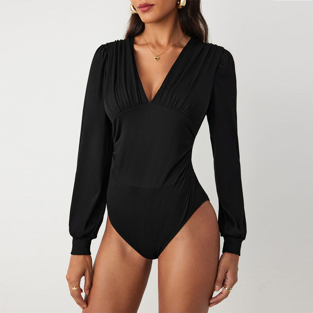 Damen Bodysuit Elegantes Design mit Puffärmeln und Tiefem Dekolleté