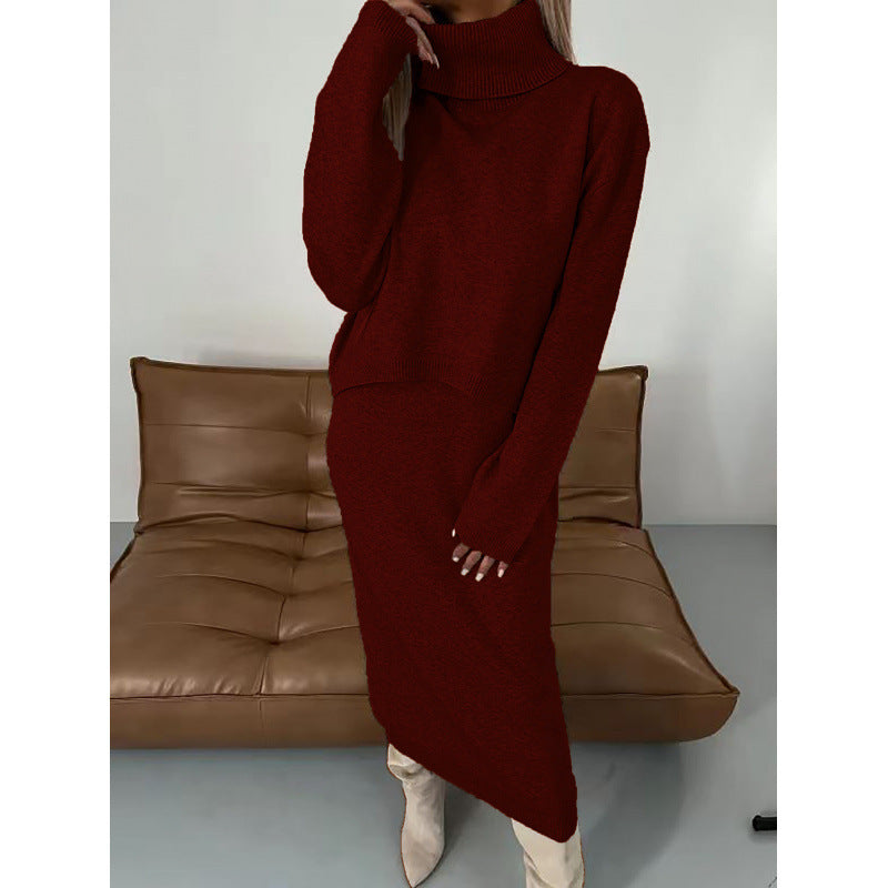 Damen Strick Zweiteiler Rollkragen Pullover und Midi Kleid