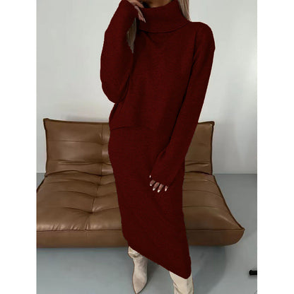 Damen Strick Zweiteiler Rollkragen Pullover und Midi Kleid