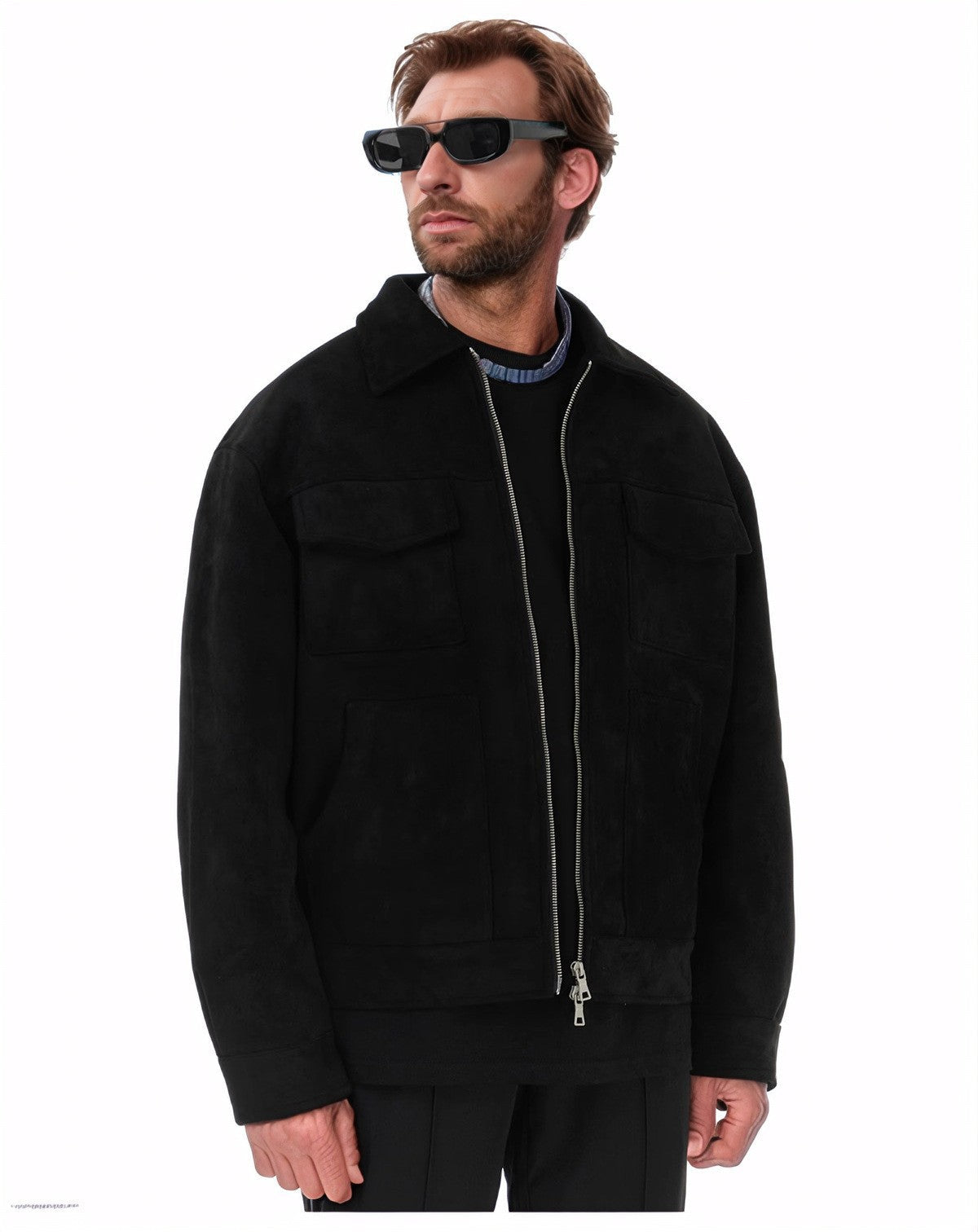 Herren Lederjacke Suede Stil mit Aufschlägen und Taschen