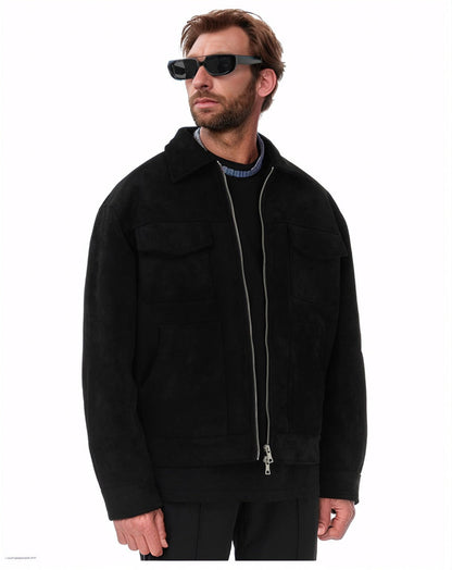Herren Lederjacke Suede Stil mit Aufschlägen und Taschen