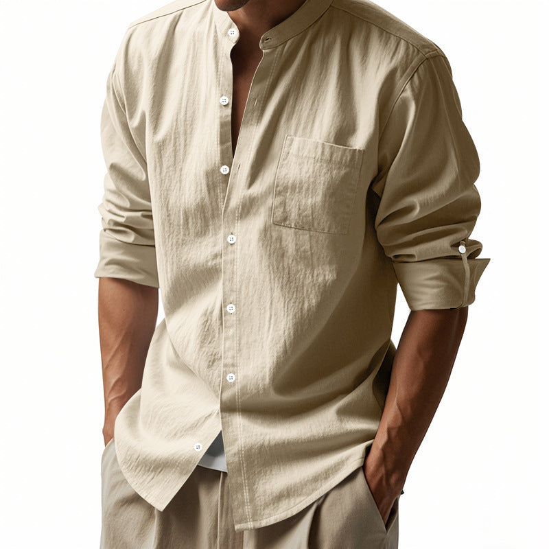 Herren Leinenhemd Modern Henley Kragen mit Brusttasche