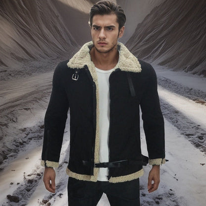 Herren Lammfelljacke Modern Abnehmbare Kapuze Schwarz