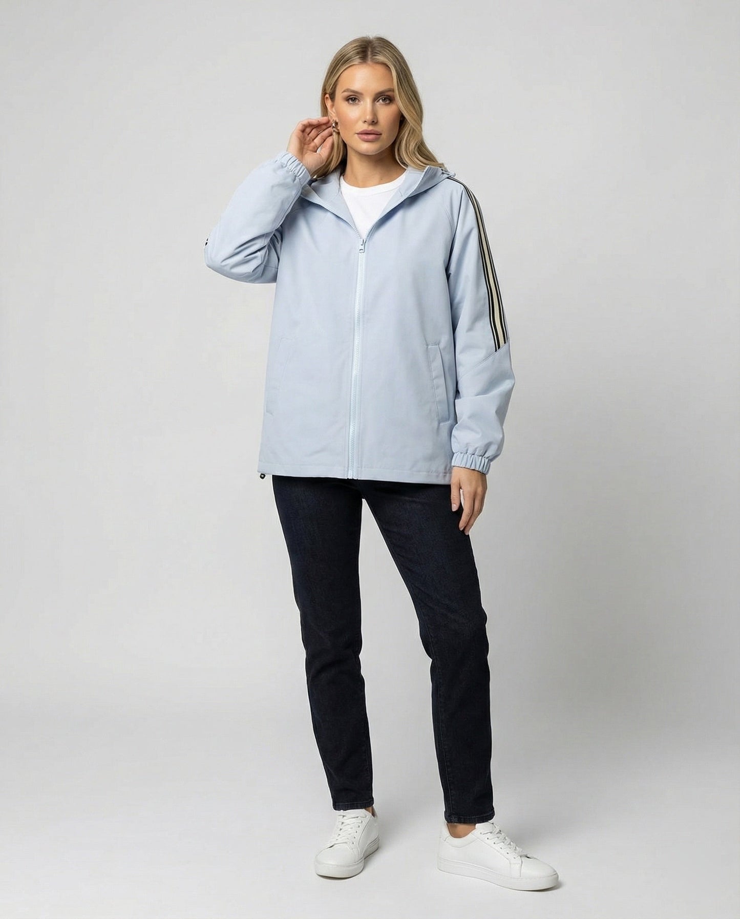 Damen Oversize Kapuzenjacke Winddicht Sportlich Mit Kontraststreifen