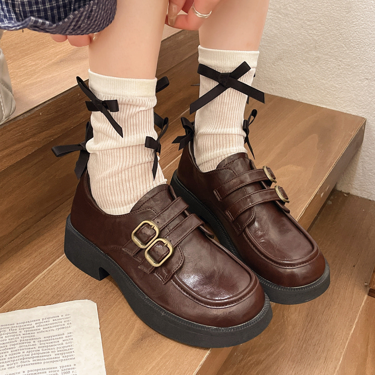Damen Plateau Schnürschuhe mit Doppelriemen Modisch Hoch