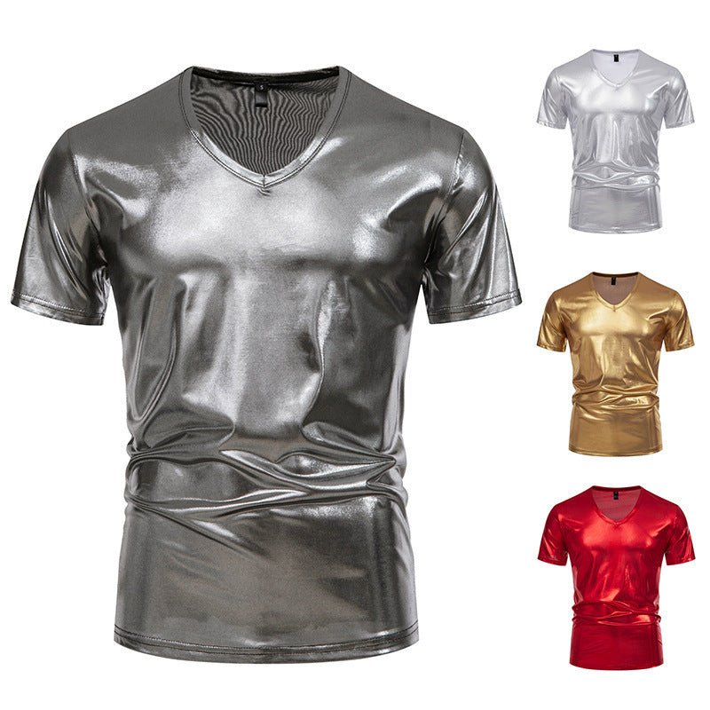 Herren T-Shirt V-Ausschnitt Stretch Glänzend Modern
