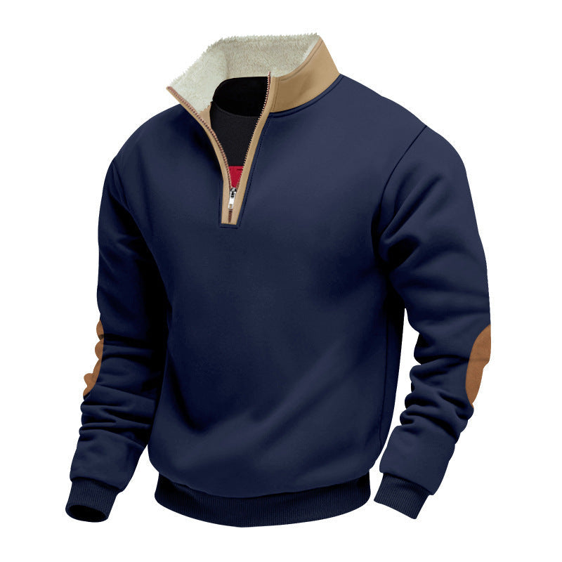 Herren Fleecepullover Modern mit Halb-Reißverschluss und Kontrast Ellenbogen