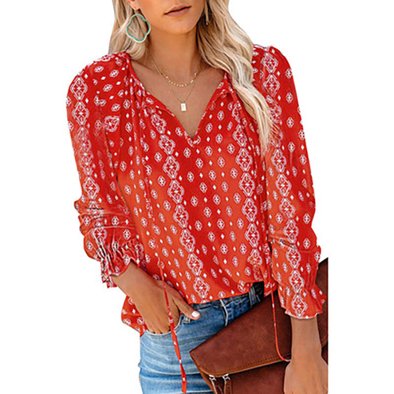 Damen Bluse Top Tierdruck Ärmel Fransen Modern