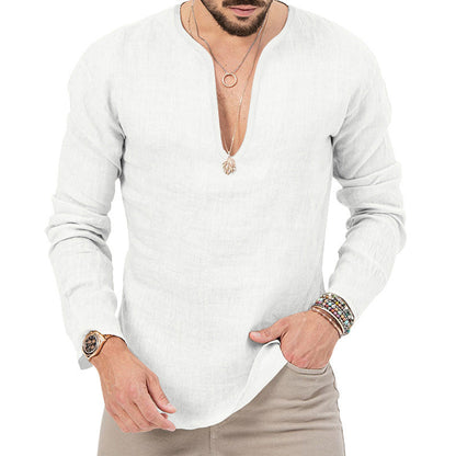 Leinen-Hemd Herren Baumwolle Relaxed Fit V-Ausschnitt