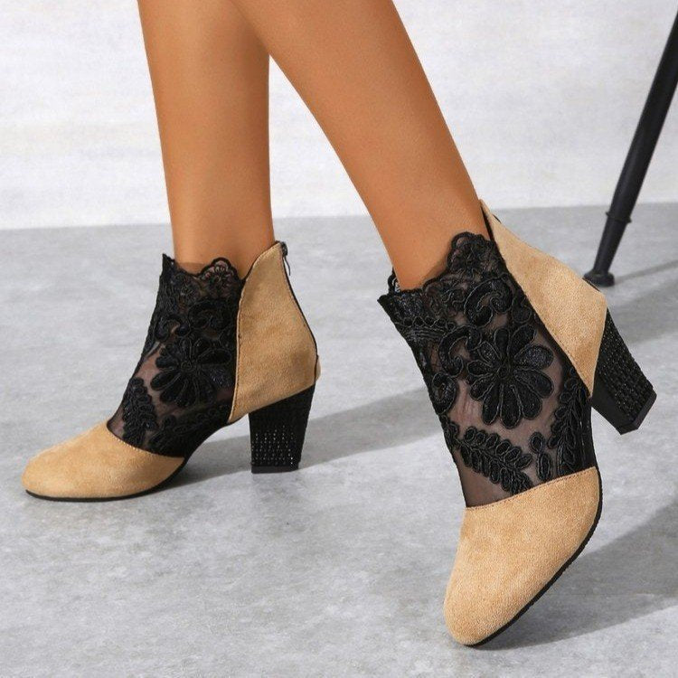 Damen Stiefeletten Spitze Schuhe Komfortabsatz Blockheel