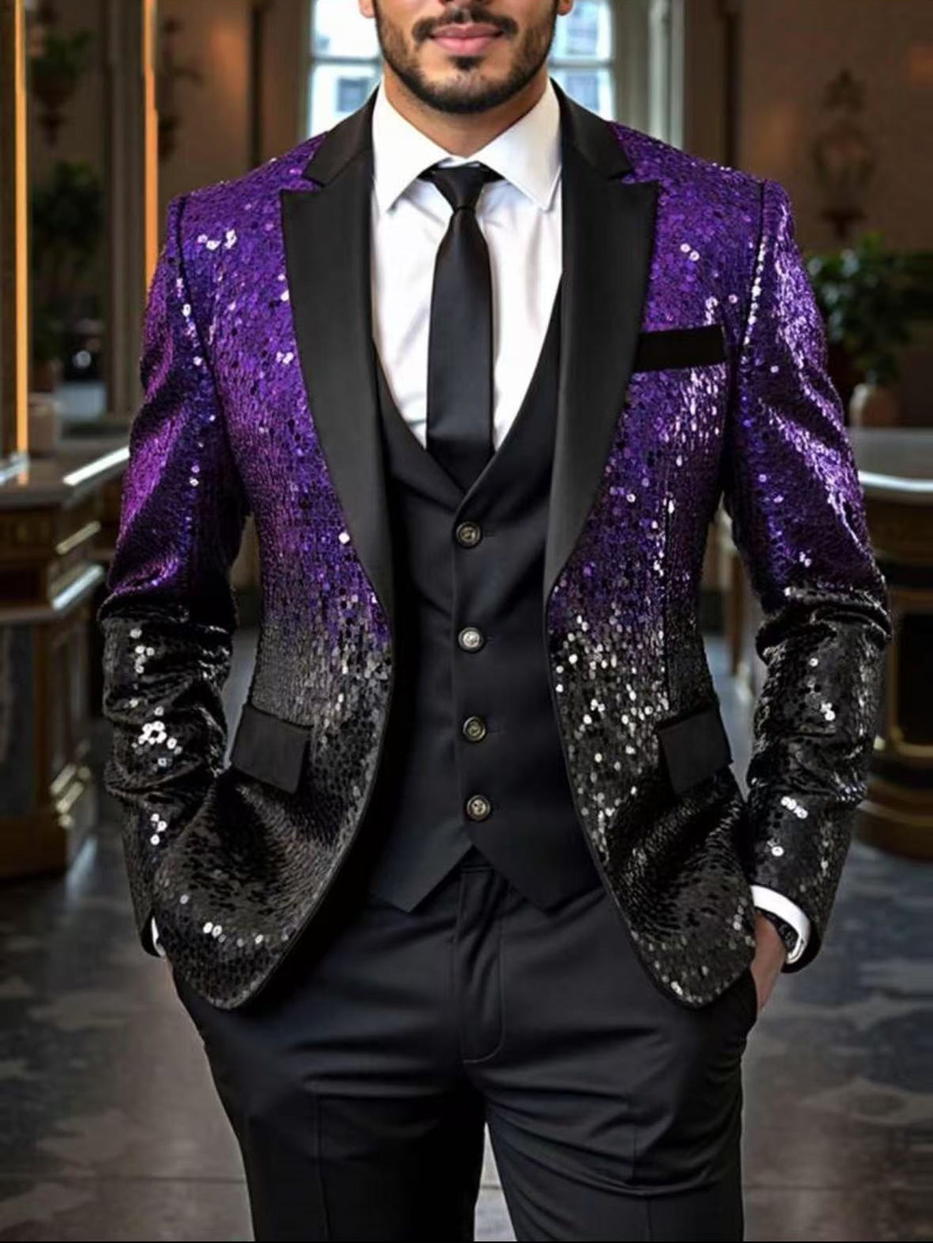Herren Blazer Pailletten Elegant Modern Schwarzer Anzug