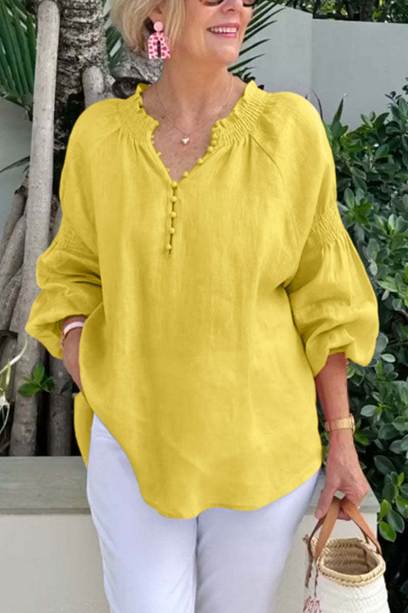 Damen Bluse Leicht Elastisch Puffärmel Knöpfe