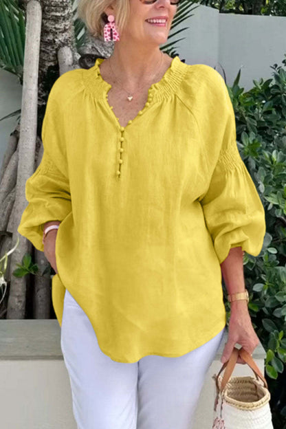 Damen Bluse Leicht Elastisch Puffärmel Knöpfe