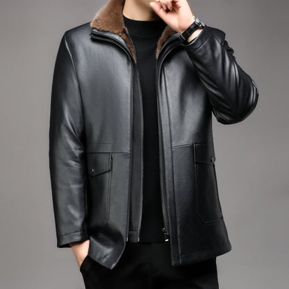 Herren Lederjacke Gefüttert Ledermantel Schwarz Elegant