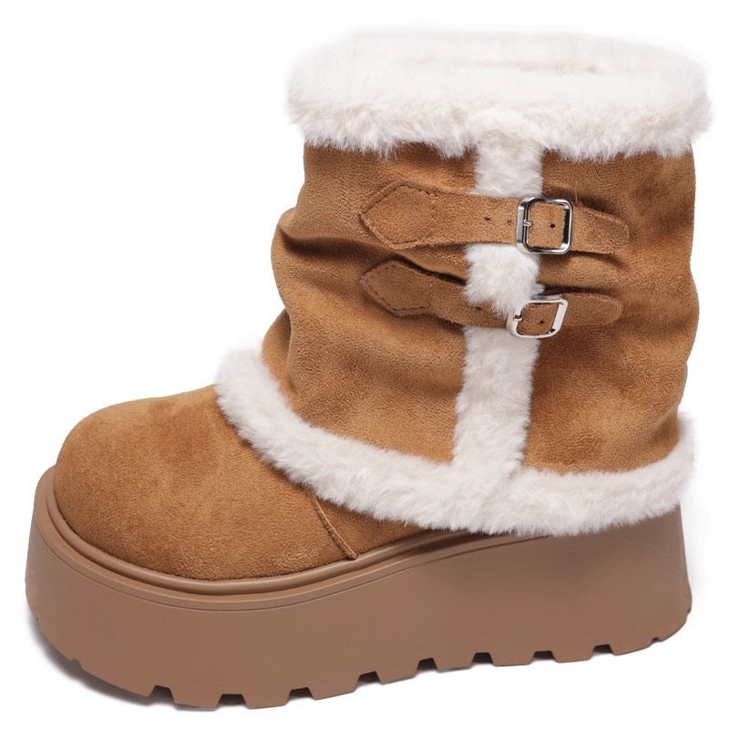 Damen Stiefeletten Flauschig Warm Schnallen Detail