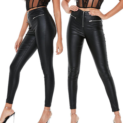 Damen Leggings Lederoptik Stretch mit Reißverschluss