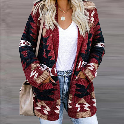 Damen Strickjacke Ethno-Stil Lässig Mit Taschen