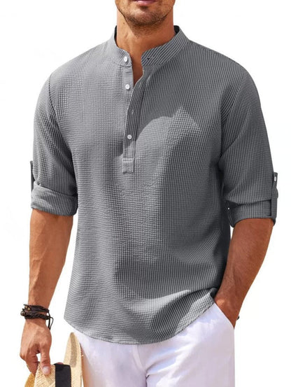 Herren Langarmshirt Modern Strukturiert Knopfleiste