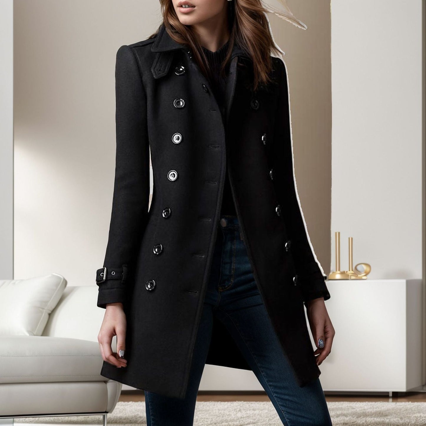 Damen Wollmantel Stylisch mit Doppelknopf Schwarz Elegante Mode - BerlinGlamour