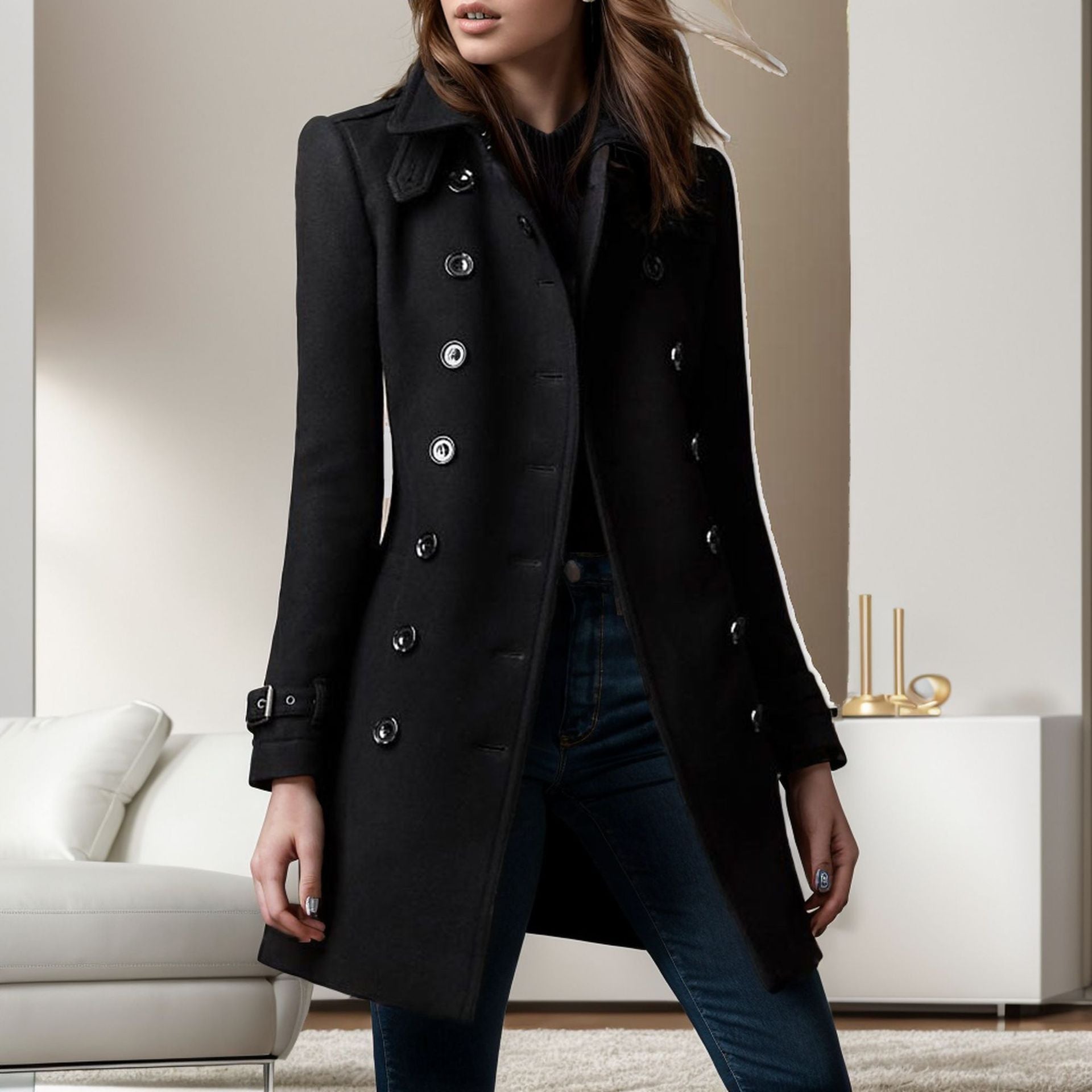 Damen Wollmantel Stylisch mit Doppelknopf Schwarz Elegante Mode - BerlinGlamour