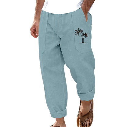 Herren Leinenhose Cargo Bequem mit Taschen Palmen-Muster - BerlinGlamour