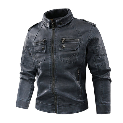 Herren Lederjacke Bikerstil Mit Taschen Schwarz