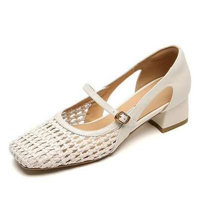 Damen Pumps Elegante Mary Jane Schuhe mit Geflecht Blockabsatz