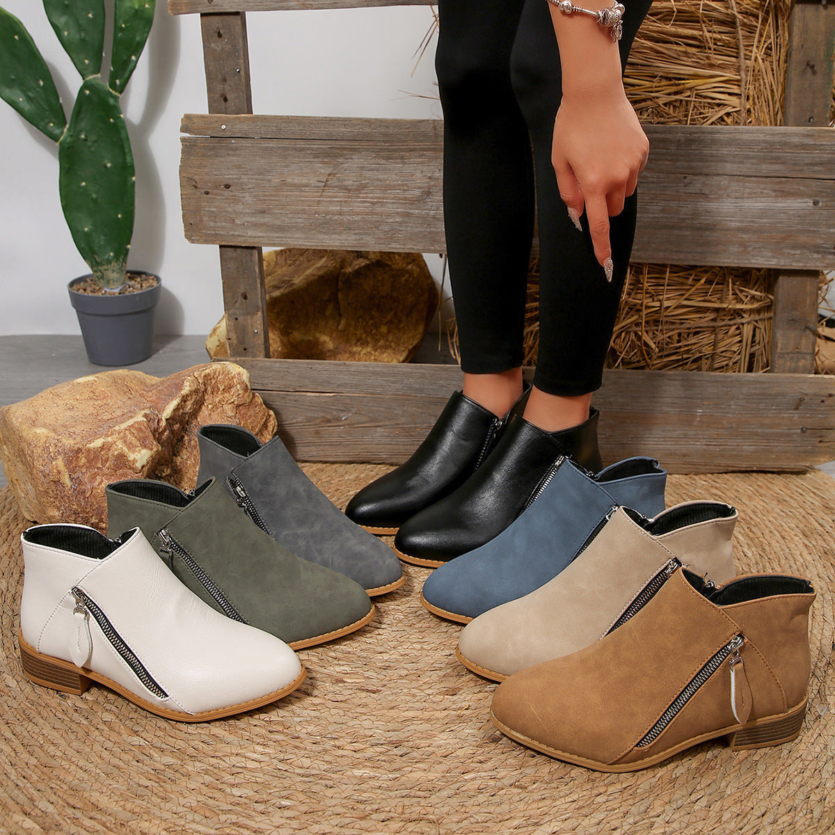 Damen Stiefeletten Bequem Blockabsatz Schwarz Modisch
