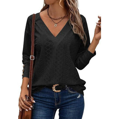 Damen Bluse V-Ausschnitt Langärmlig Gehäkelt Elegannt