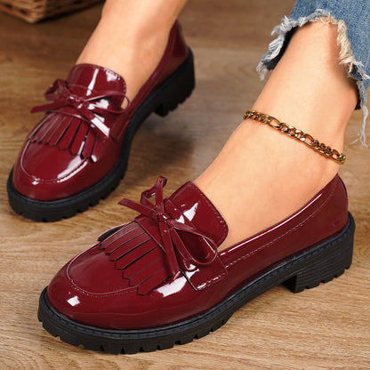 Damen Loafers Elegantes Design Lackleder Schleife