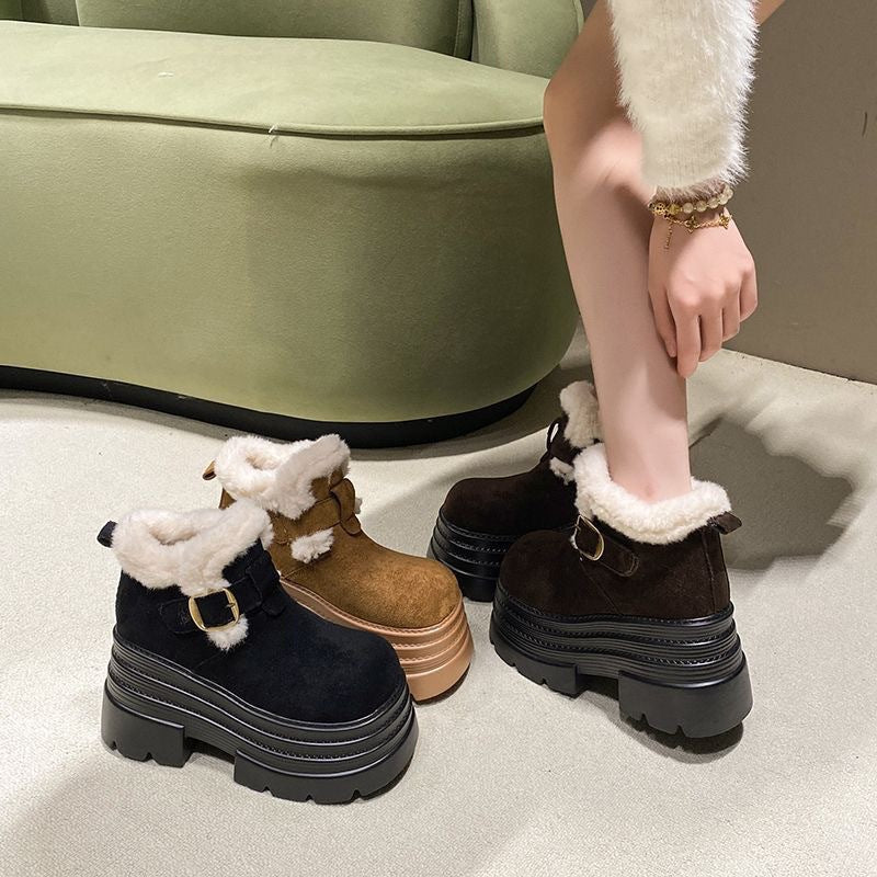 Damen Plateau Stiefeletten Flauschig Warm mit Schnalle