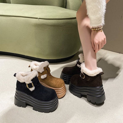 Damen Plateau Stiefeletten Flauschig Warm mit Schnalle