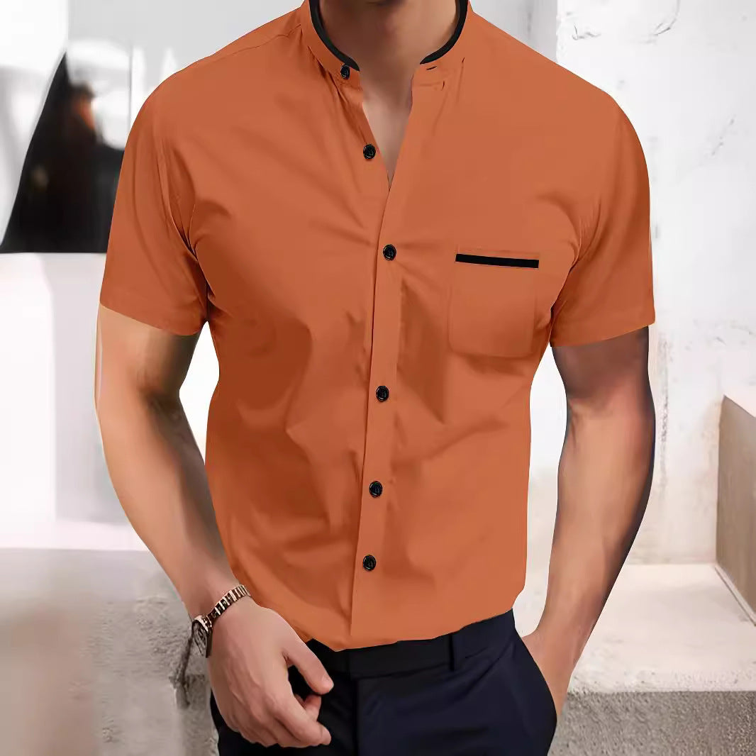 Herren Hemd Kurzarm Modern Stehkragen Kontrast