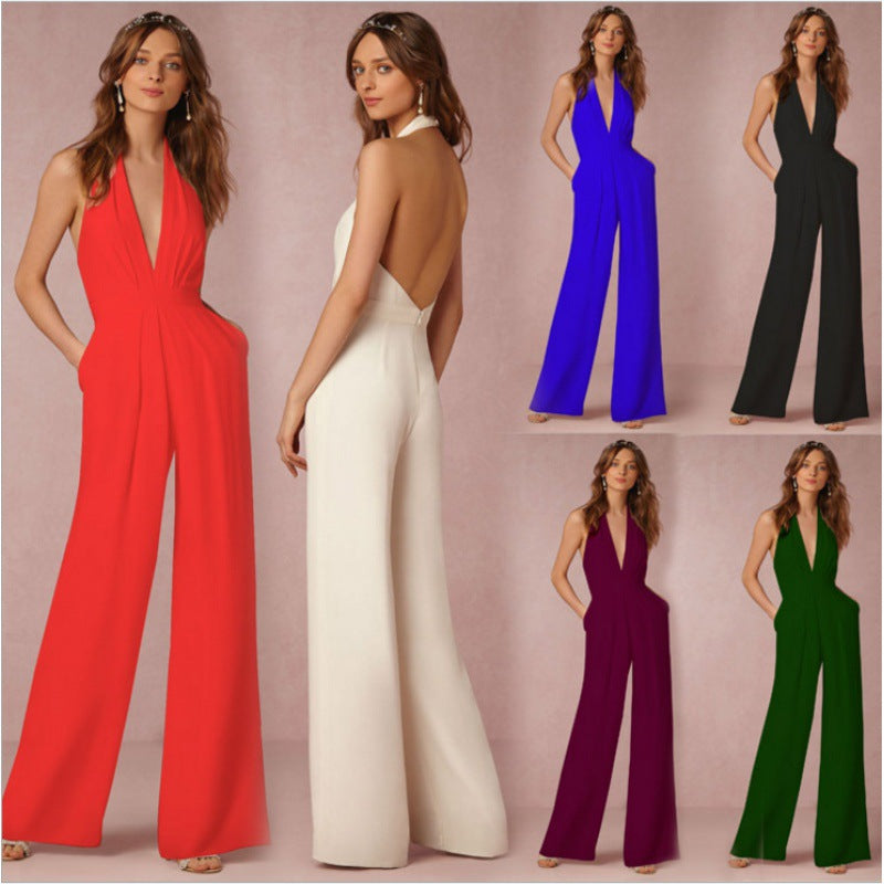 Damen Jumpsuit Elegante V-Ausschnitt Weite Bein Abendkleid - BerlinGlamour
