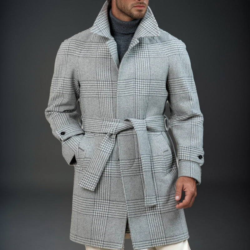 Eleganter Herren Karomantel mit Taillengürtel Modern - BerlinGlamour