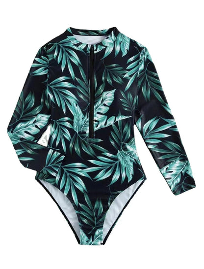 Damen Badeanzug Langarm Floral Hoch tailliert Modisch