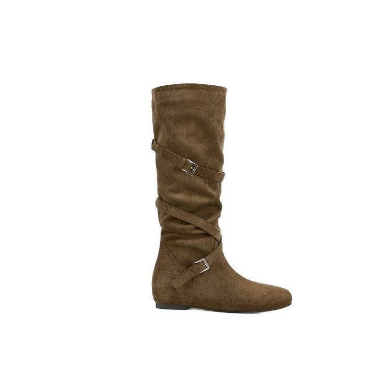 Damen Overknee Stiefel Elegante Wildleder Schnalle Schuhe