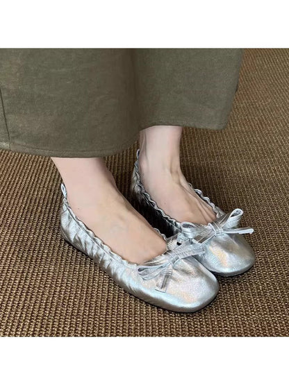 Damen Ballerinas Elastisch Rüschen Schleifen Detail