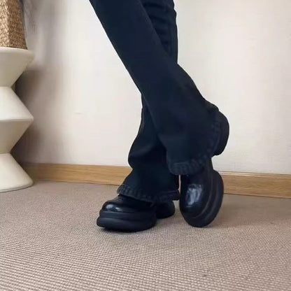Damen Sneaker Leder Chunky Schuhe Reißverschluss Schwarz