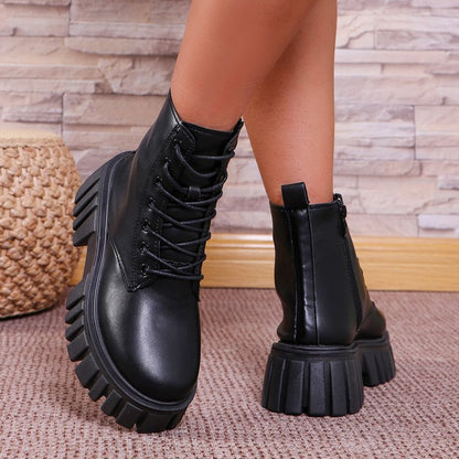 Damen Stiefel Chunky Plateau Schnürstiefel Robust