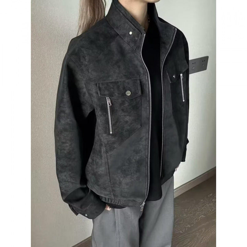 Herren Lederjacke Modern mit Taschen Kunstleder Schwarz