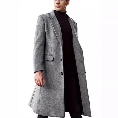 Herren Wollmantel Lang Geschnitten Elegant Schwarz