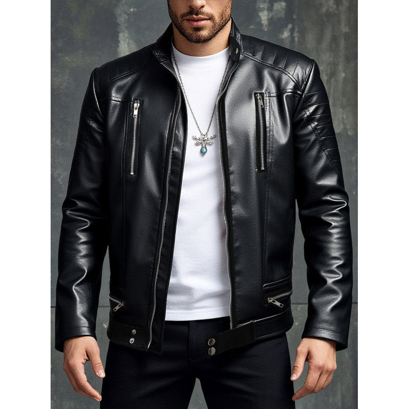 Herren Lederjacke Stehkragen Schwarz Ledermantel - BerlinGlamour